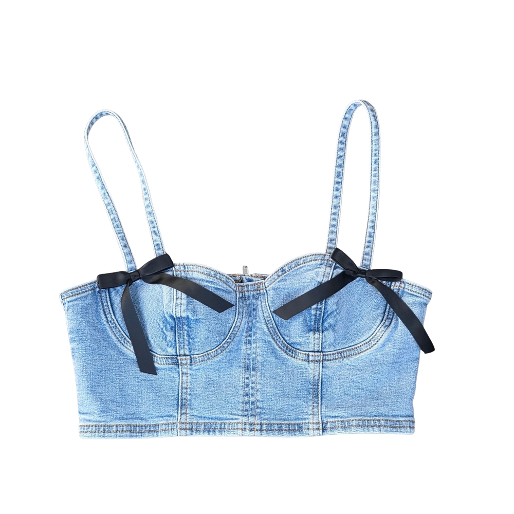 PacSun Denim Bustier Crop Bra Top M Y2K Coquette Bow Corset Style - Picture 2 of 16